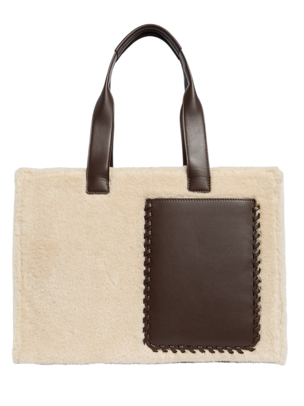 BCBG Whipstitch Faux Shearling Tote Bag Cream Chocolate Large Shoulder Tote NWT - Picture 2 of 10
